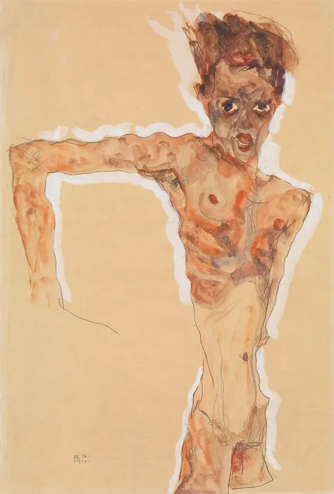 Framed Print : Self-Portrait, by Egon Schiele, 1911, Austrian Expressionist watercolor, painting