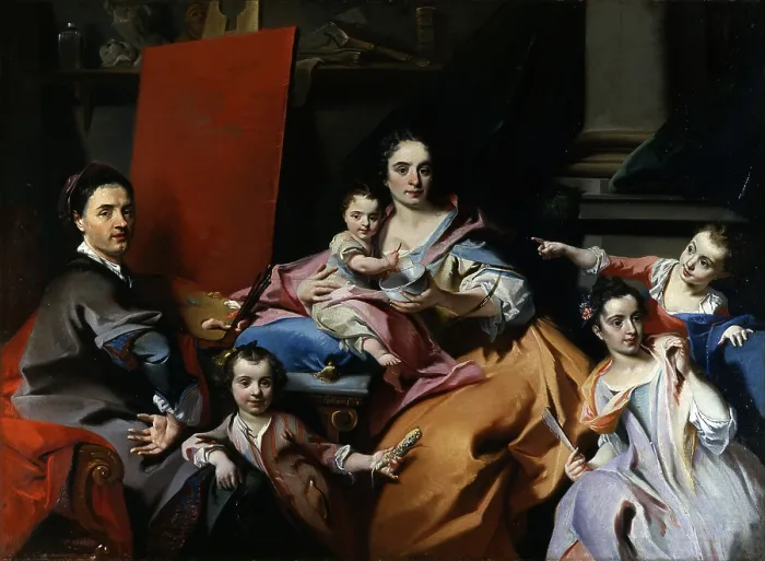 Framed Print : Self-portrait with Family, by Carlo Innocenzo Carlone o Carloni, 1728 - 1739, 18th Century, oil on canvas - Private collection. Whole artwork view