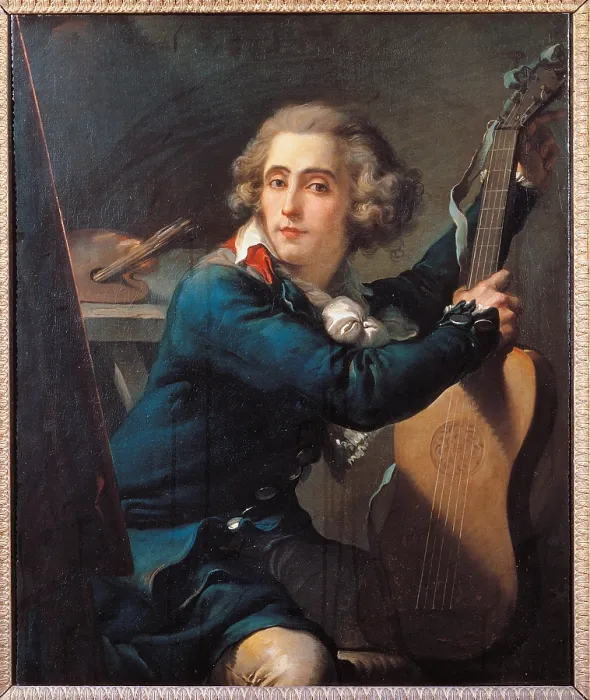 Framed Print : Self portrait with Guitar, by Mauro Gandolfi, 1785 - 1790 about, 18th Century, oil on canvas, cm 96, 5 x 78 - Italy, Emilia Romagna, Bologna, National Picture Gallery