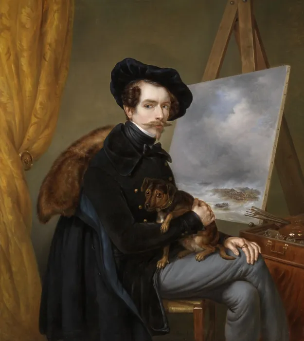 Framed Print : Self-Portrait, by Louis Meijer, 1838, Dutch painting, oil on canvas. Wearing a black beret, the artist is at his easel with a dog on his lap Framed Print : Self-Portrait, by Louis Meijer, 1838, Dutch painting, oil on canvas. Wearing a black beret, the artist is at his easel with a dog on his lap