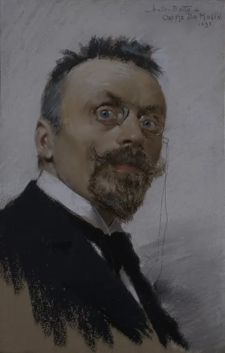 Framed Print : Self Portrait, by Oreste Da Molin, 1898, 19th Century, canvas - Private collection. Whole artwork view. Self portrait of the artist with goatee and glasses