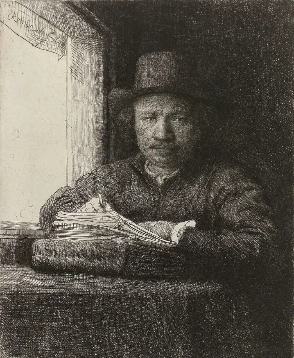 Framed Print : Self-portrait of Rembrandt, Etching at a Window, by Rembrandt, 1648, Dutch print, etching on paper. 42 year old Rembrandt drawing on a copperplate from his reflection in a mirror