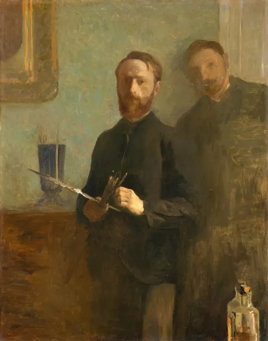 Framed Print : Self-Portrait with Waroquy, by Edouard Vuillard, 1889, French Post-Impressionist oil painting. The 22 year old artist holds his palette and paintbrushes