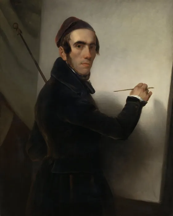 Framed Print : Self-Portrait, by Willem Hendrik Schmidt, c. 1840-49, Dutch painting, oil on canvas. The artist turns toward the mirror by his blank canvas (BSLOC_2016_2_134) Framed Print : Self-Portrait, by Willem Hendrik Schmidt, c. 1840-49, Dutch painting, oil on canvas. The artist turns toward the mirror by his blank canvas (BSLOC_2016_2_134)