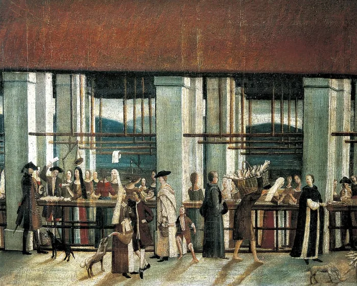 Framed Print : Selling fish in the market 'El Bornet' of Barcelona. Anonymous work ca. 1775. Detail. Early Modern Era. Oil on canvas. SPAIN. Barcelona. Barcelona City History Museum