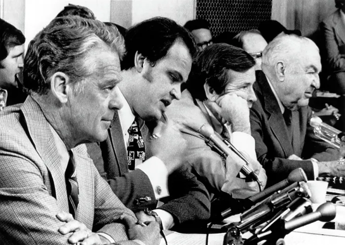 Framed Print : Sen. Edward Gurney, Sen. Fred Thompson, Sen. Howard Baker, Sen. Sam Ervin, listening to testimony at the Senate Watergate Committee Hearings, September 24, 1973
