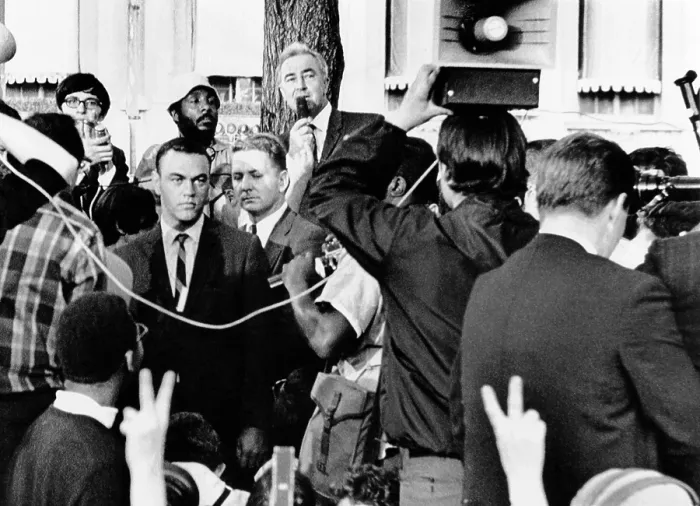 Framed Print : Sen. Eugene McCarthy addresses of anti-war demonstrators in Chicago's Grant Park, August 29, 1968, across the street from the Hilton Hotel