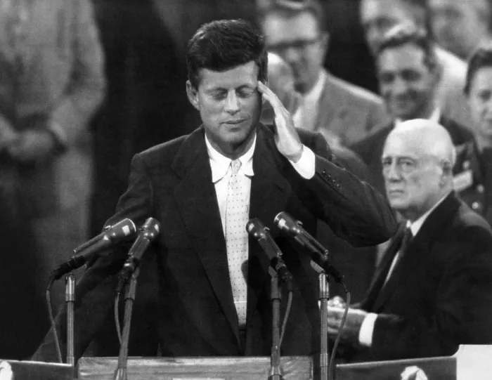 Framed Print : Sen. John Kennedy after his narrow defeat for the 1956 Democratic Vice Presidential nomination. He spoke to the convention, urging delegates to make Sen