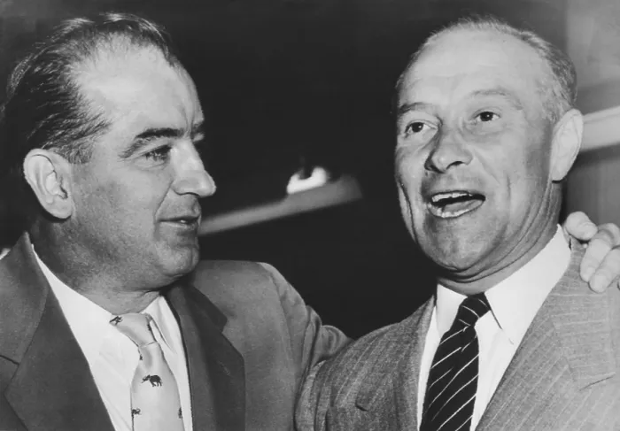 Framed Print : Sen. Joseph McCarthy campaigning with Sen. William Jenner of Indiana. Oct. 21, 1952. Jenner, was a follower of McCarthy and bitter Senatorial critic of the Truman administration