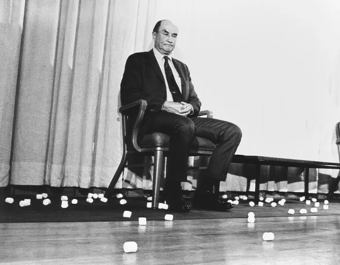 Framed Print : Sen. Strom Thurmond pelted with marshmallows after a speech at Carnegie-Mellon University. Jan. 1970