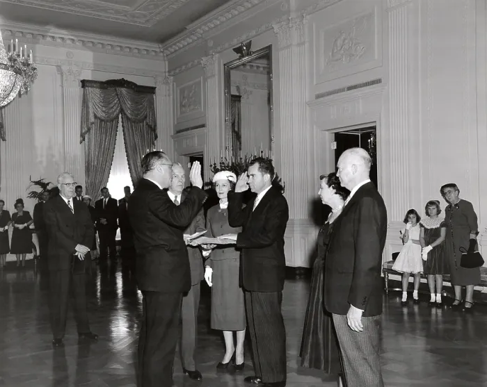 Framed Print : Sen. William Knowland administers the Oath of Office to Vice President-elect Richard Nixon