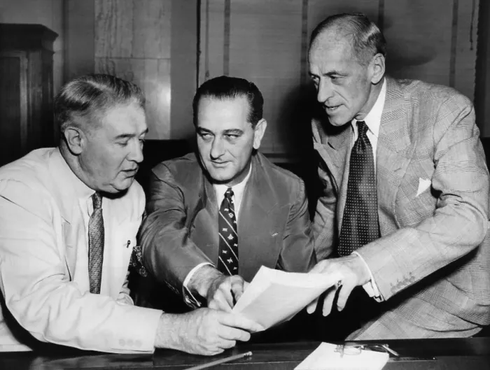 Framed Print : Senate Armed Services Committee introduces bill to extend all army enlistments by one year. L-R: Senators Lester Hint, Lyndon Johnson, and Chmn. Millard Tydings