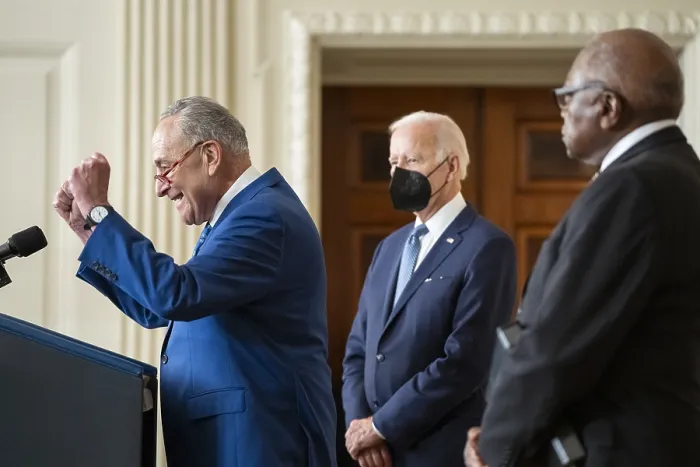 Framed Print : Senate Majority Leader Chuck Schumer (D-N.Y.) gestures enthusiastically gestures as he delivers remarks at the signing of Inflation Reduction Act of 2022, at the White House, Aug