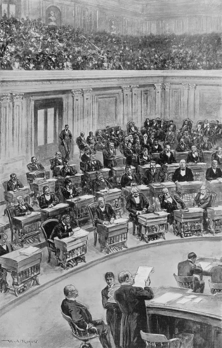 Framed Print : In the Senate, March 25, 1898--Reading the President's message on the destruction of the 'Maine'. Washington, D.C. ca. 1900