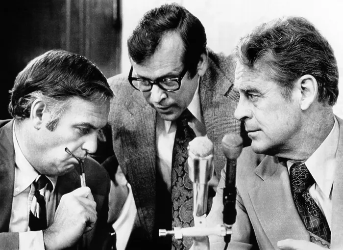 Framed Print : Senate Watergate Committee. Republican members of the Senate Watergate Committee huddle before the hearing. L-R: Lowell Weicker; Howard Baker; Edward Gurney Framed Print : Senate Watergate Committee. Republican members of the Senate Watergate Committee huddle before the hearing. L-R: Lowell Weicker; Howard Baker; Edward Gurney