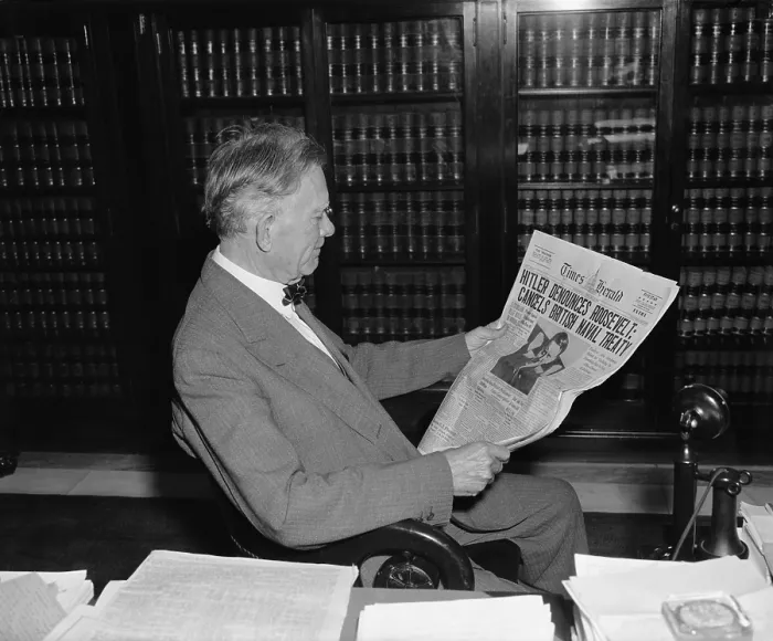 Framed Print : Senator Borah reads Times Herald headline about Hitler. April 28, 1939. The headline reads, Hitler Denounces Roosevelt: Cancels British Naval Treaty Framed Print : Senator Borah reads Times Herald headline about Hitler. April 28, 1939. The headline reads, Hitler Denounces Roosevelt: Cancels British Naval Treaty