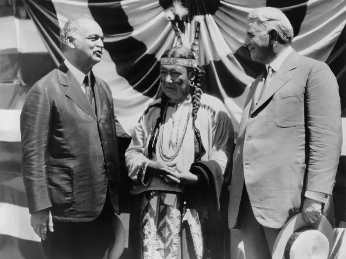 Framed Print : Senator Charles Curtis, the 1928 Republican vice-presidential nominee serves as interpreter for Mrs. Nehgambe, a Native American of the Pawnee people