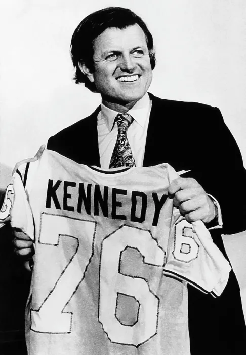 Framed Print : Senator Edward Kennedy, presented with shirt by Framingham State College students who hope he will run ffor president in 1976, April 23, 1973