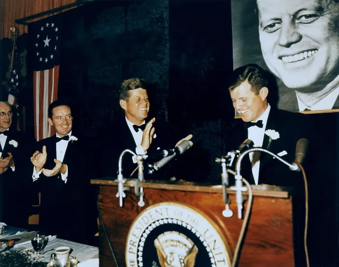 Framed Print : Senator Edward Kennedy introduces his big brother, President John Kennedy. They were attending a Democratic Fund Raising Dinner at the Commonwealth Armory in Boston. Oct. 19, 1963