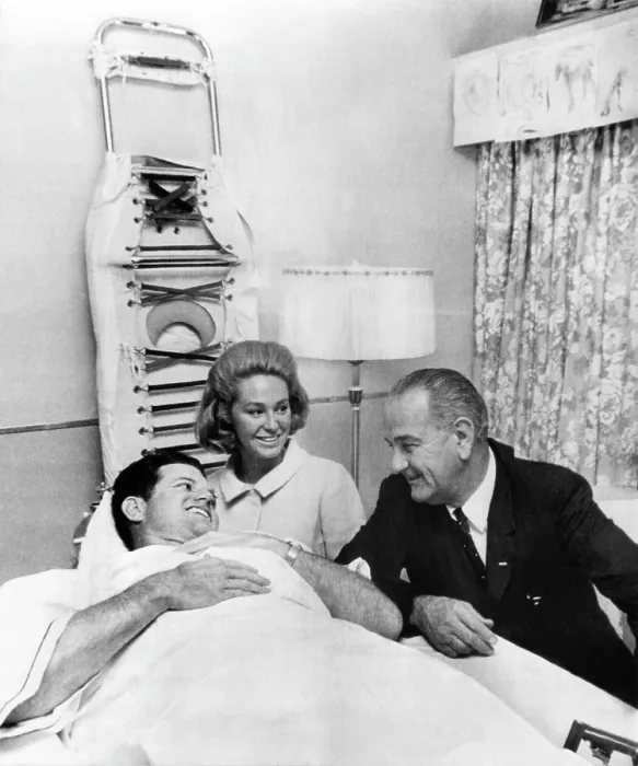 Framed Print : Senator Edward Kennedy, recovering from June 19 plane crash, is visited by his wife, Joan Kennedy, and President Johnson, September 29, 1964