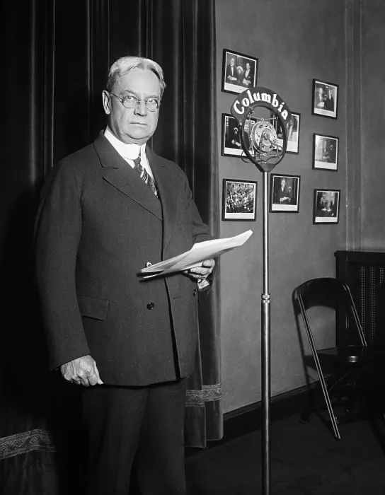 Framed Print : Senator Hiram Johnson at Columbia radio microphone. 1930. He was a Progressive Prebublican and supported the New Deal Framed Print : Senator Hiram Johnson at Columbia radio microphone. 1930. He was a Progressive Prebublican and supported the New Deal