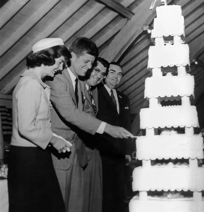 Framed Print : Senator John Kennedy cutting an multi-tier cake on his 39th birthday. He was honored with a testimonial dinner given by the cities of New Bedford and Fall River
