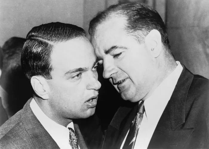 Framed Print : Senator Joseph McCarthy and his chief consul, Roy Cohn whispering during the Army-McCarthy hearings. June 11, 1954