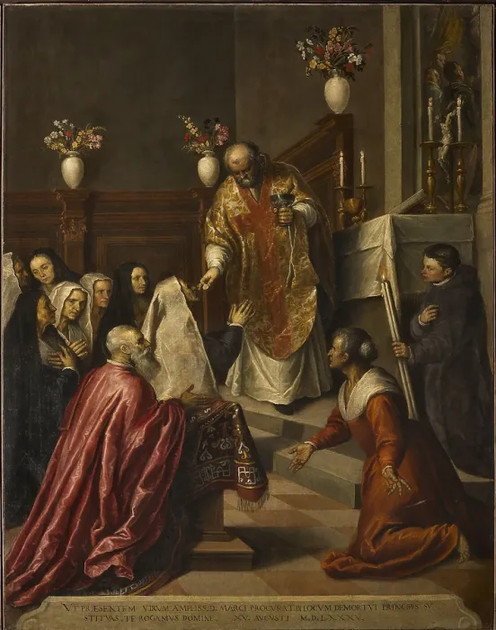 Framed Print : Senator Pasquale Cicogna Taking Part in the Mass while Father Priamo Balbi Administers the Eucharist, by Jacopo Negretti known as Palma the Younger, 1586 - 1587 about