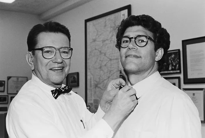 Framed Print : Senator Paul Simon straightens comedian and future Senator, Al Franken's bow tie. June 5, 1991