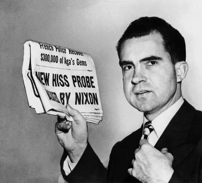 Framed Print : Senator Richard Nixon calls for continuing HUAC's Alger Hiss investigation. Jan 27, 1950 headline reads: New Hiss Probe Asked by Nixon