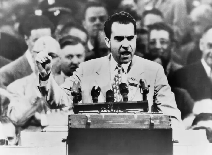 Framed Print : Senator Richard Nixon standing behind microphones accepting the Republican vice presidential nomination 1952