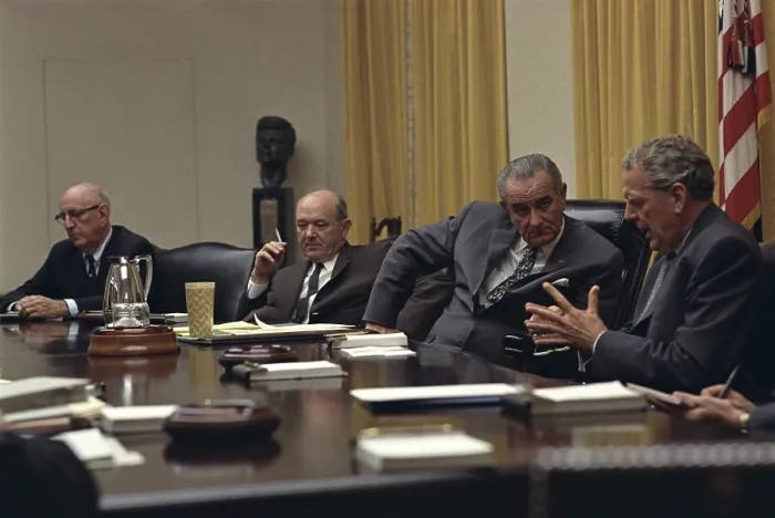 Framed Print : Senator Richard Russell, Dean Rusk, President Lyndon Johnson, and Clark Clifford in a Bipartisan Congressional Leadership meeting on Vietnam. Oct. 14, 1968