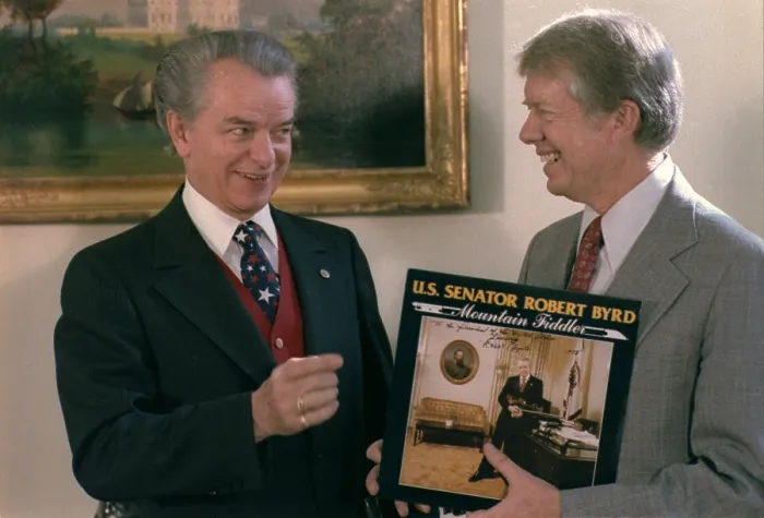 Framed Print : Senator Robert Byrd 1917-1910 presenting President Jimmy Carter a copy of his record album MOUNTAIN FIDDLER. Ca. 1978