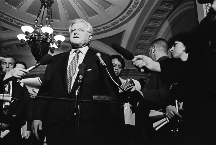 Framed Print : Senator Ted Kennedy speaks to reporters in the U.S. Capitol during Clinton Impeachment Trial. The trial started on Jan. 7, 1999, and ended with Clinton Acquittal on Feb. 12