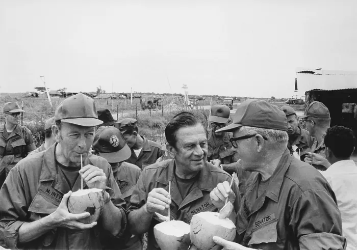 Framed Print : US Senators drink from coconuts on a fact-finding mission They toured the recently pacified South Vietnamese village of Huu Thanh. L-R: Senators Thomas J Framed Print : US Senators drink from coconuts on a fact-finding mission They toured the recently pacified South Vietnamese village of Huu Thanh. L-R: Senators Thomas J