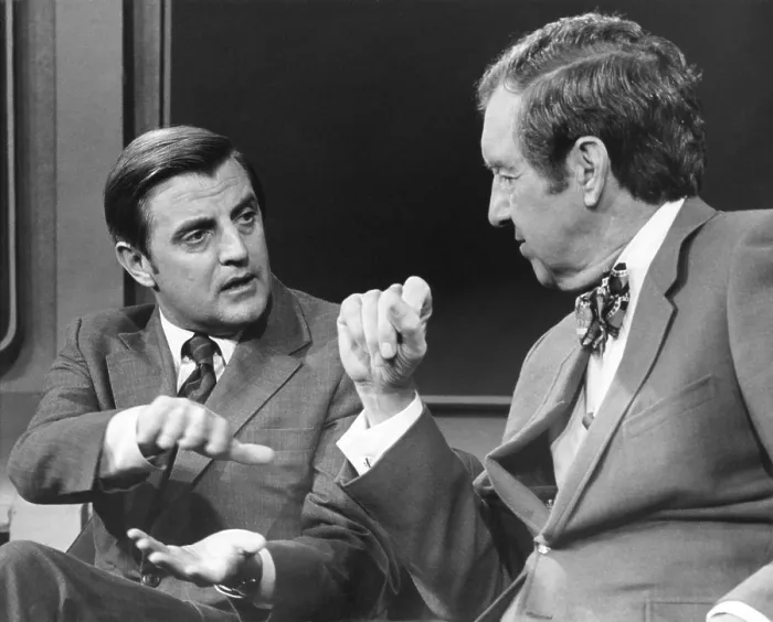 Framed Print : Senators Walter Mondale (D-Minn.) and, Edmund Muskie (D-Maine), discuss aspects of the economy during ABCS ISSUES AND ANSWERS program, Sept. 29, 1974