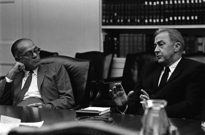 Framed Print : Senators William Fulbright and Eugene McCarthy in the White House Cabinet Room, Oct 3, 1966. Both Senators were opposed to the President escalation of the Vietnam War