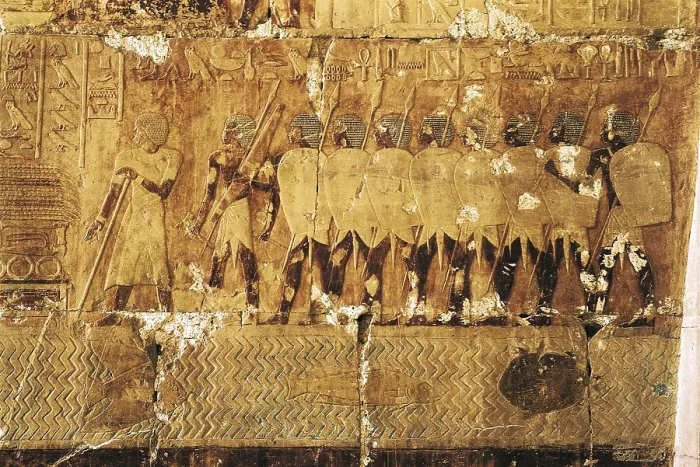 Framed Print : SENENMUT, (16th C. BC). Temple of Hatshepsut. EGYPT. Dayr al-Bahri. Temple of Hatshepsut. Egyptian soldiers. Egyptian art. New Kingdom. Fresco