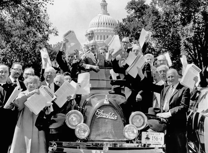 Framed Print : Senior citizens in Washington. They are waving petitions to the House Ways and Means Committee in support of Pres. Johnson's recommended 20% social security increase