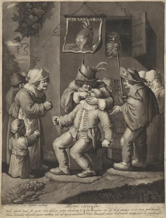 Framed Print : The Five Sense: Feeling, by Pieter Schenk, Jan Both and Andries Both, 1670-1713, Dutch print. Etching on paper. Bystanders watch as a dentist treats a patient in the outdoors