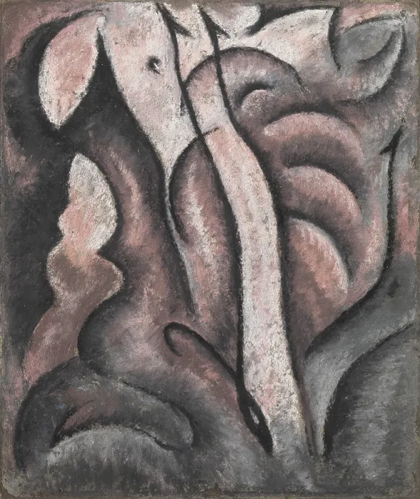 Framed Print : SENTIMENTAL MUSIC, by Arthur Dove, 1913, American drawing, pastel on paperboard. Abstract, flowing, rounded forms are intersected by gently curved vertical shapes