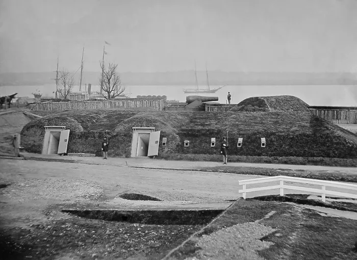 Framed Print : Two sentries guard the bomb proofs of Battery Rogers, south west of Washington, DC, during the US Civil War. The shelters provided protection from hostile bombardment Framed Print : Two sentries guard the bomb proofs of Battery Rogers, south west of Washington, DC, during the US Civil War. The shelters provided protection from hostile bombardment