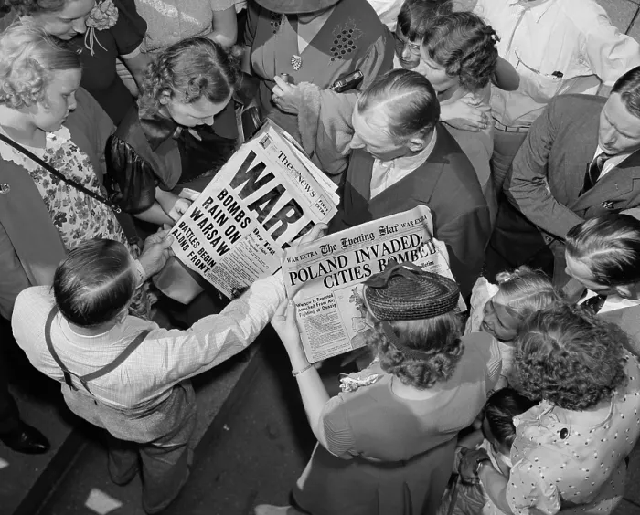 Framed Print : Sept. 1, 1939 headlines about the German invasion of Poland, Americans gather to read about the event that triggered World War 2. Washington, D.C. (BSLOC_2013_9_216) Framed Print : Sept. 1, 1939 headlines about the German invasion of Poland, Americans gather to read about the event that triggered World War 2. Washington, D.C. (BSLOC_2013_9_216)