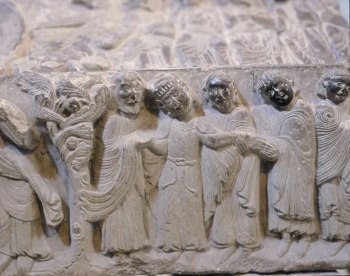 Framed Print : Sepulchre of Blanca of Navarre. 2nd half 12th c. SPAIN. Njera. Monastery of Santa Mara la Real. Sancho III of Castile and his court. Romanesque art. Relief on rock