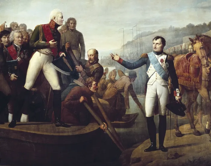 Framed Print : SERANGELI, Giocchino Giuseppe (1768-1852). Napoleon and Alexander I Bid Farewell after the Peace of Tilsit, 9th July 1807. 1810. Detail. Oil on canvas. FRANCE. Versailles