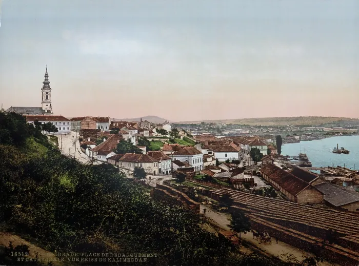 Framed Print : Serbia, landing place and cathedral, Belgrade, photochrom, circa early 1900s Framed Print : Serbia, landing place and cathedral, Belgrade, photochrom, circa early 1900s