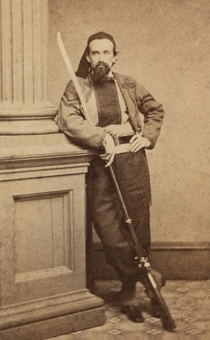 Framed Print : Sergeant Henry G. Lillibridge of Co. H, 10th Rhode Island Infantry Regiment, in zouave uniform with saber bayoneted rifle