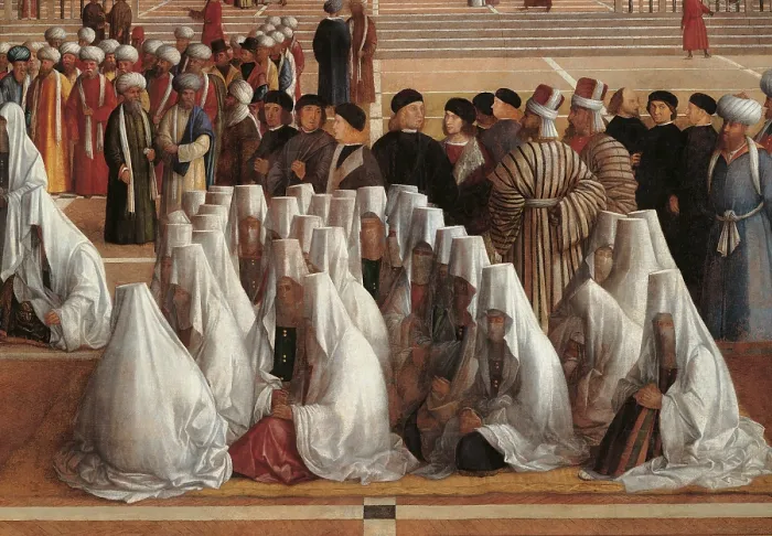 Framed Print : Sermon of St Mark in Alexandria, by Giovanni Bellini, Gentile Bellini, 1504 - 1507 about, 16th Century, oil on canvas, cm 347 x 770 - Italy, Lombardy, Milan, Brera Art Gallery