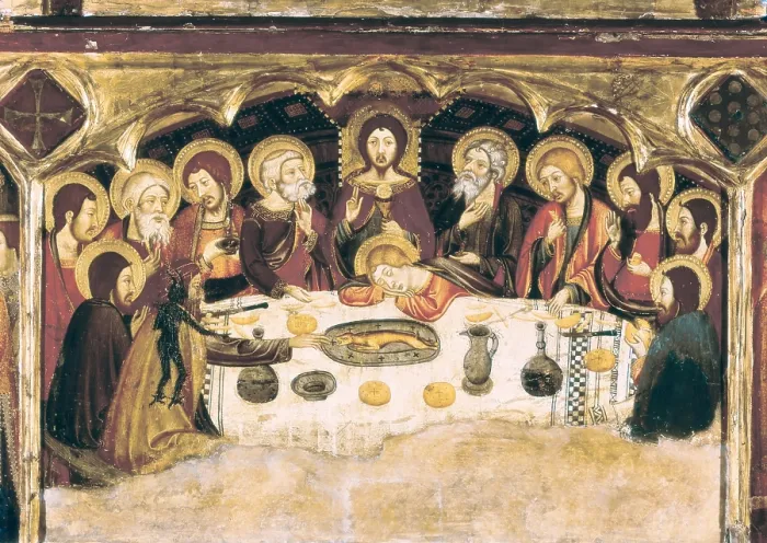 Framed Print : SERRA, Jaume (1358-1397); SERRA, Pere (1343-1406). Altarpiece of the Virgin. 1362 - 1375. Central detail of the predella depicting the Last Supper. Italian gothic