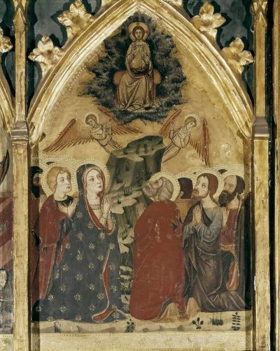 Framed Print : SERRA, Jaume (1358-1397); SERRA, Pere (1343-1406). Altarpiece of the Virgin. 1362 - 1375. Right upper detail. Tempera on wood. SPAIN. Barcelona. National Art Museum of Catalonia